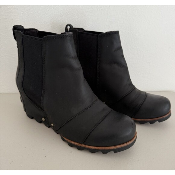 Sorel Lea Wedge Boots Women Size 8.5 Black Leather Ankle Booties NL2704-010 - Picture 1 of 10